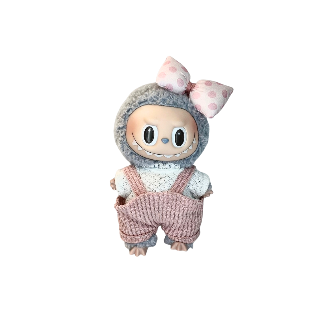 Blind Box Island Labubu outfit set with pink polka dot bow, white knit top, and pink ribbed overalls. Fits Labubu Exciting Macarons, Big Into Energy, Have a Seat.