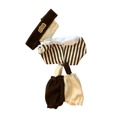 Blind Box Island Labubu Outfit Set – Brown Cap, Striped Shirt & Two-Tone Pants
