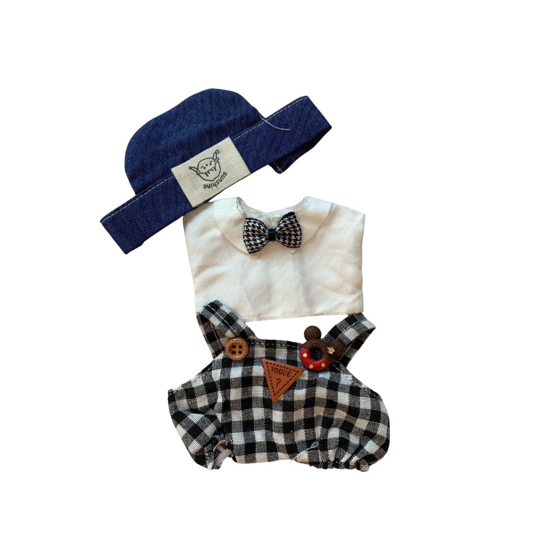 Blind Box Island Labubu outfit set with denim hat, white shirt with bow tie, and black gingham overalls. Fits Labubu Exciting Macarons, Big Into Energy, Have a Seat series.