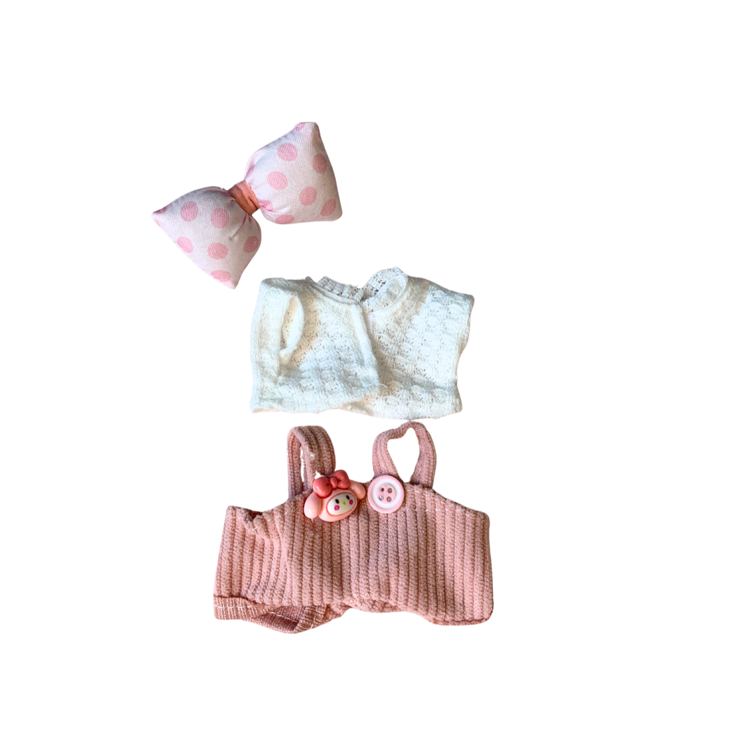 Blind Box Island Labubu outfit set with pink polka dot bow, white knit top, and pink ribbed overalls. Fits Labubu Exciting Macarons, Big Into Energy, Have a Seat.