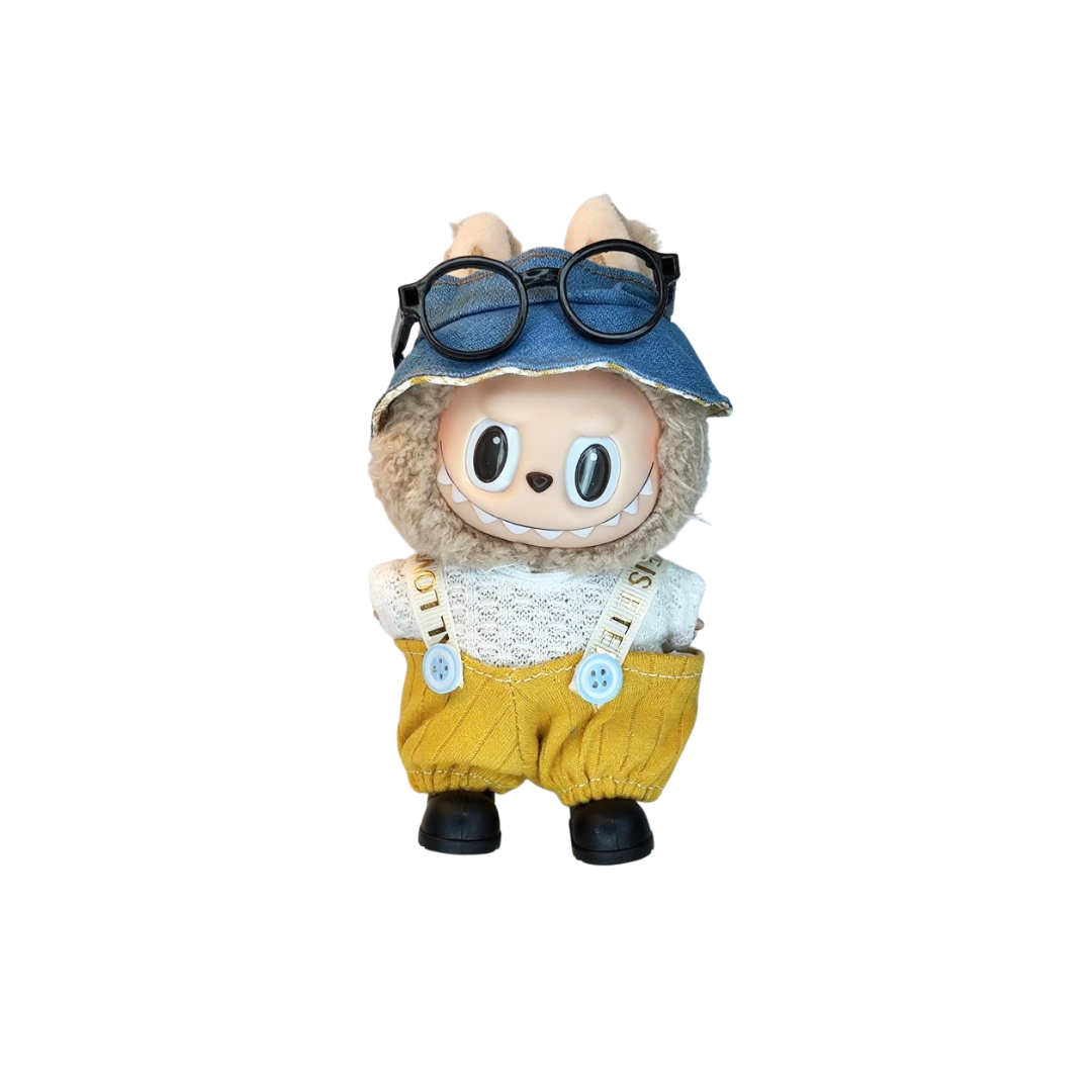 Blind Box Island Labubu outfit set with denim hat, black glasses, white top, yellow overalls, and black shoes. Fits Labubu Exciting Macarons, Big Into Energy, Have a Seat series.