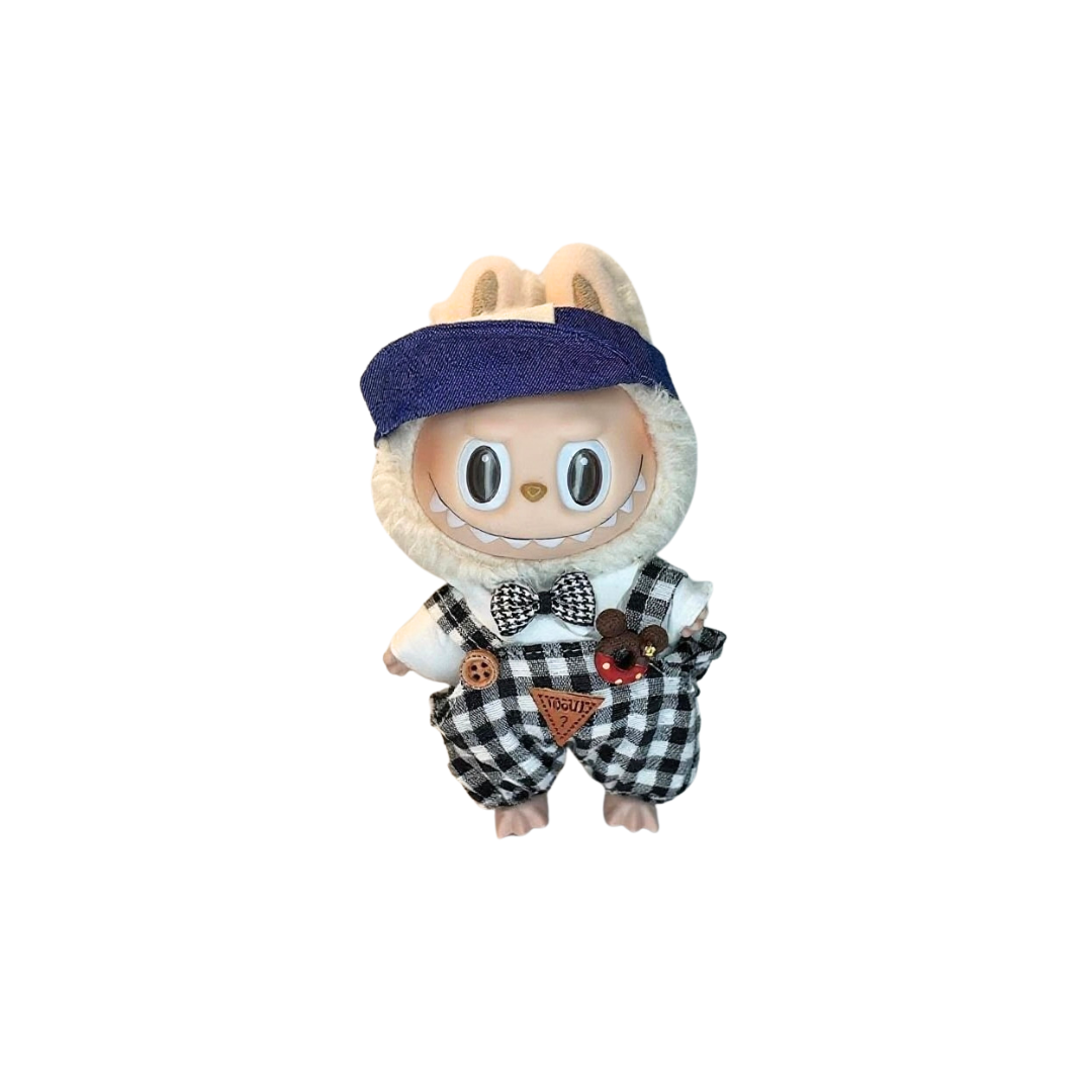 Blind Box Island Labubu outfit set with denim hat, white shirt with bow tie, and black gingham overalls. Fits Labubu Exciting Macarons, Big Into Energy, Have a Seat series.