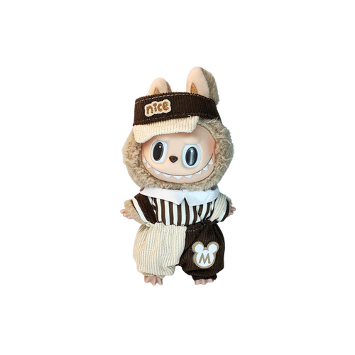 Blind Box Island Labubu outfit set with brown cap, striped shirt, and two-tone brown and cream pants. Fits Labubu Exciting Macarons, Big Into Energy, Have a Seat series.