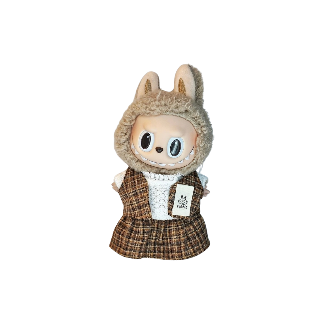 Blind Box Island Labubu outfit set with plaid vest, cream knit top, and plaid skirt. Fits Big Into Energy, Exciting Macarons and Have a Seat series.