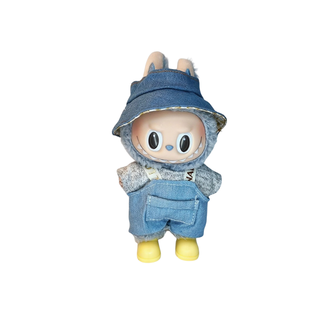 Blind Box Island Labubu outfit set with denim hat, grey knit top, and denim overalls. Fits Big Into Energy, Exciting Macarons and Have a Seat series.