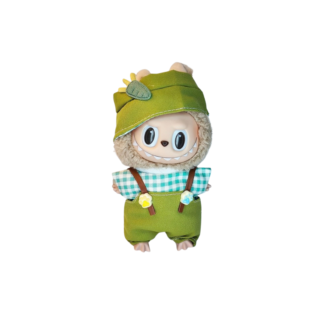 Blind Box Island Labubu outfit set with green hat, gingham top, and overalls with paw buttons. Fits Big Into Energy, Exciting Macarons and Have a Seat series.