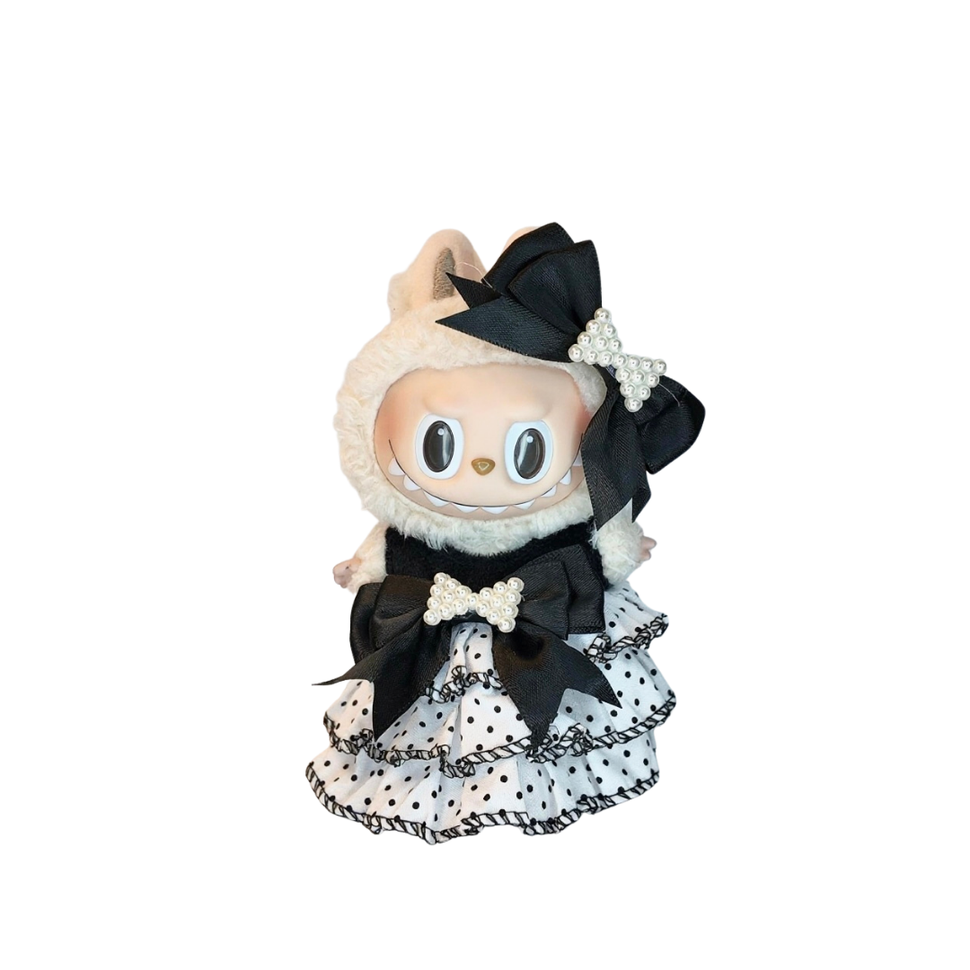 Blind Box Island Labubu outfit set with black pearl bow hair accessory and layered polka dot dress. Fits Labubu Exciting Macarons, Big Into Energy, Have a Seat series.