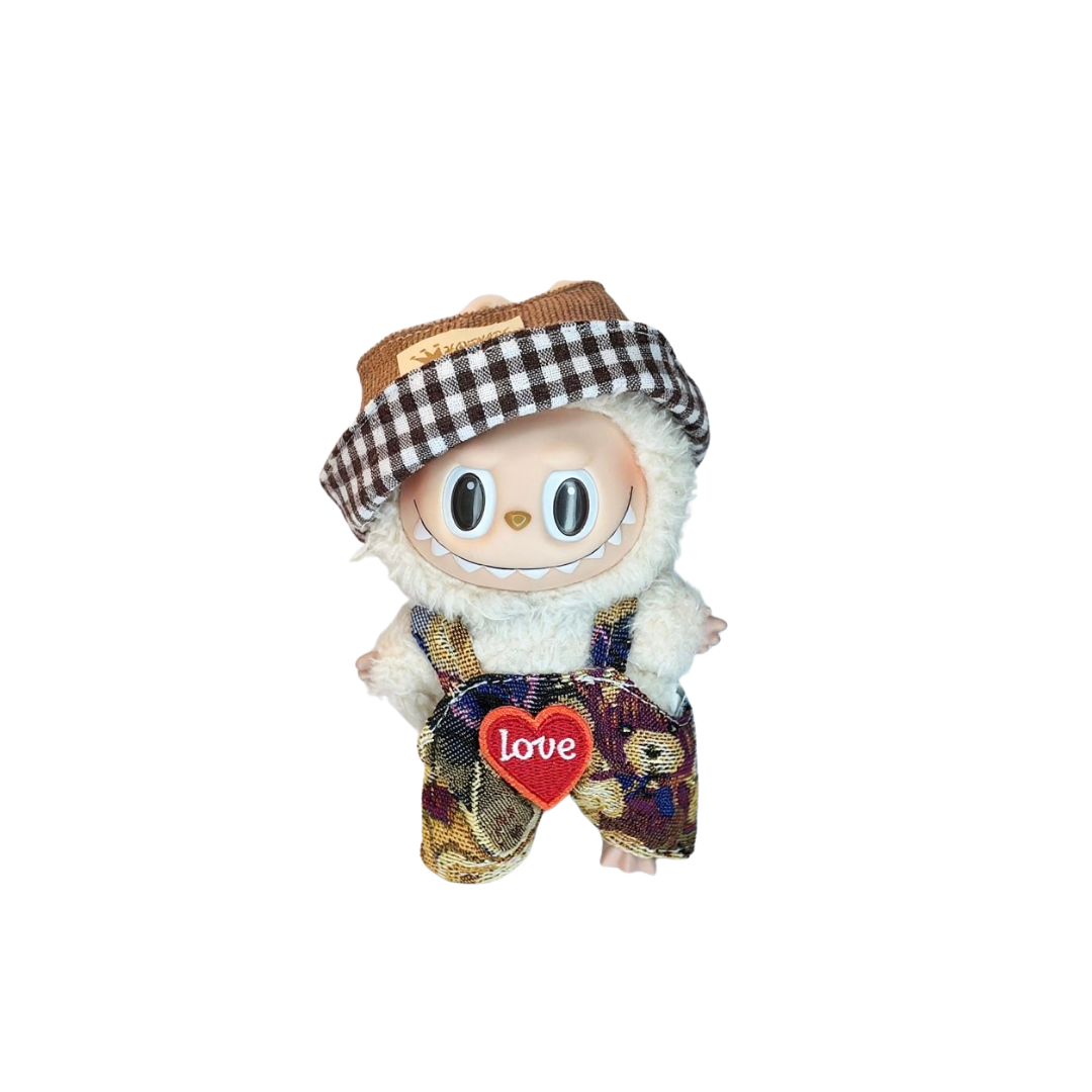 Blind Box Island Labubu outfit set with khaki bucket hat and vintage overalls with red “Love” patch. Fits Labubu Exciting Macarons, Big Into Energy, Have a Seat series.