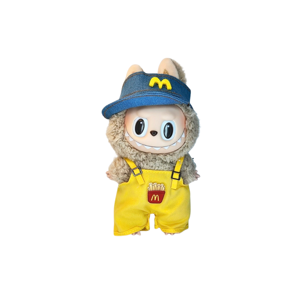 Blind Box Island Labubu outfit set with denim visor and yellow overalls with fries patch. Fits Big Into Energy, Exciting Macarons and Have a Seat series.