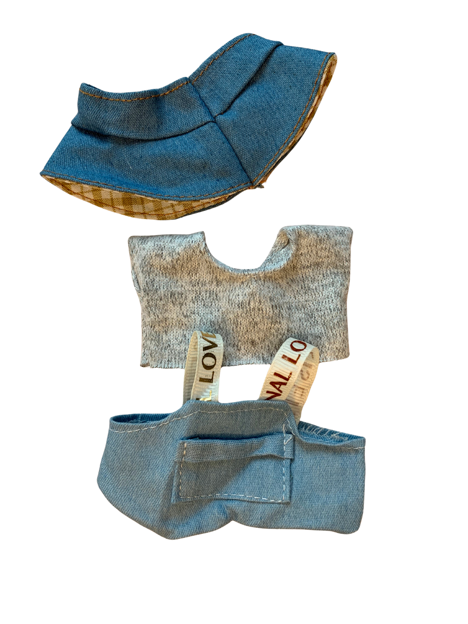 Blind Box Island Labubu outfit set with denim hat, grey knit top, and denim overalls. Fits Big Into Energy, Exciting Macarons and Have a Seat series.