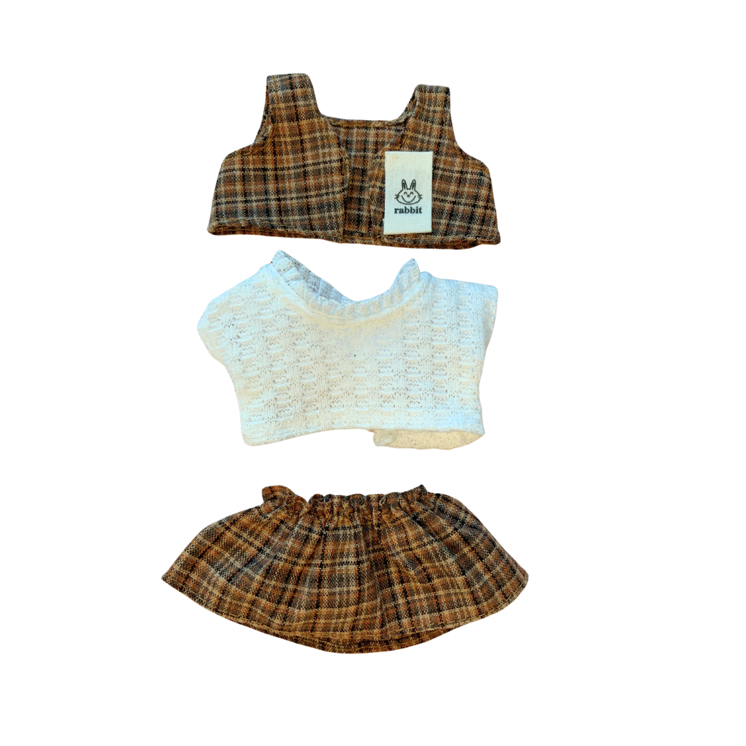 Blind Box Island Labubu outfit set with plaid vest, cream knit top, and plaid skirt. Fits Big Into Energy, Exciting Macarons and Have a Seat series.