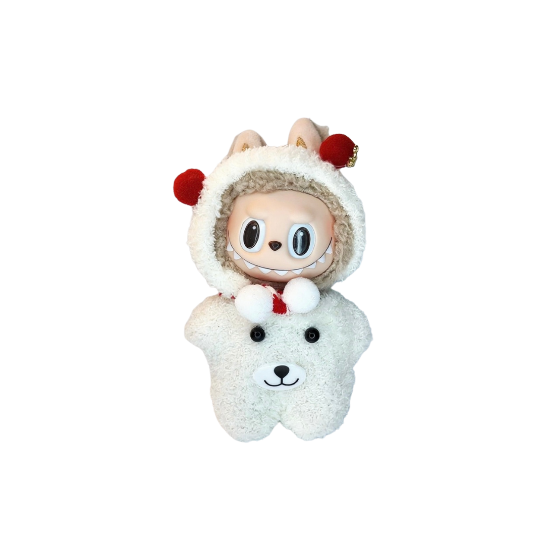 Blind Box Island Labubu outfit set with fuzzy bear coat, red-white candy scarf, and white headband with red dots. Fits Big Into Energy, Exciting Macarons and Have a Seat series.