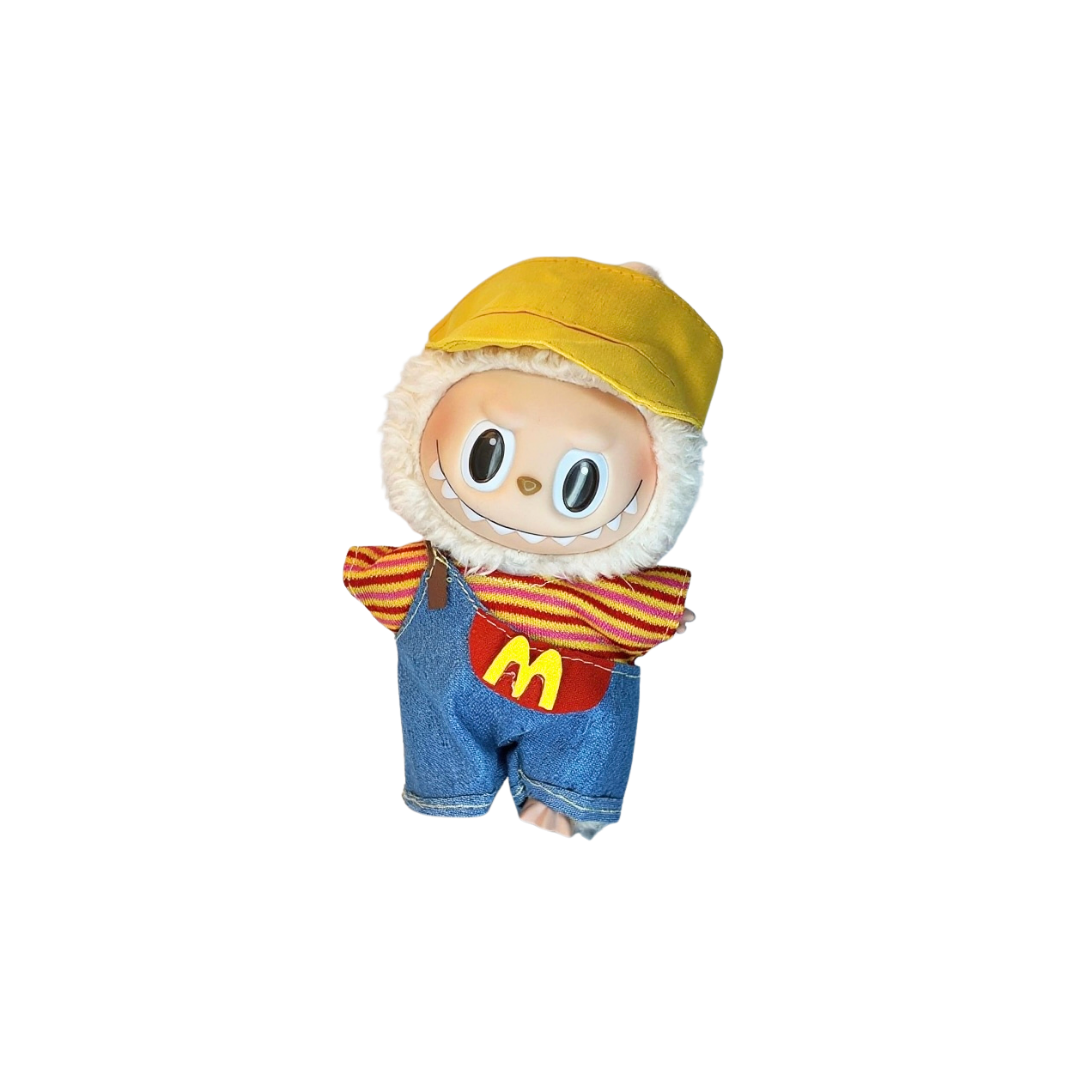 Blind Box Island Labubu outfit set with yellow bandana, denim overalls with red M patch, and red-yellow striped pants. Fits Big Into Energy, Exciting Macarons and Have a Seat series.