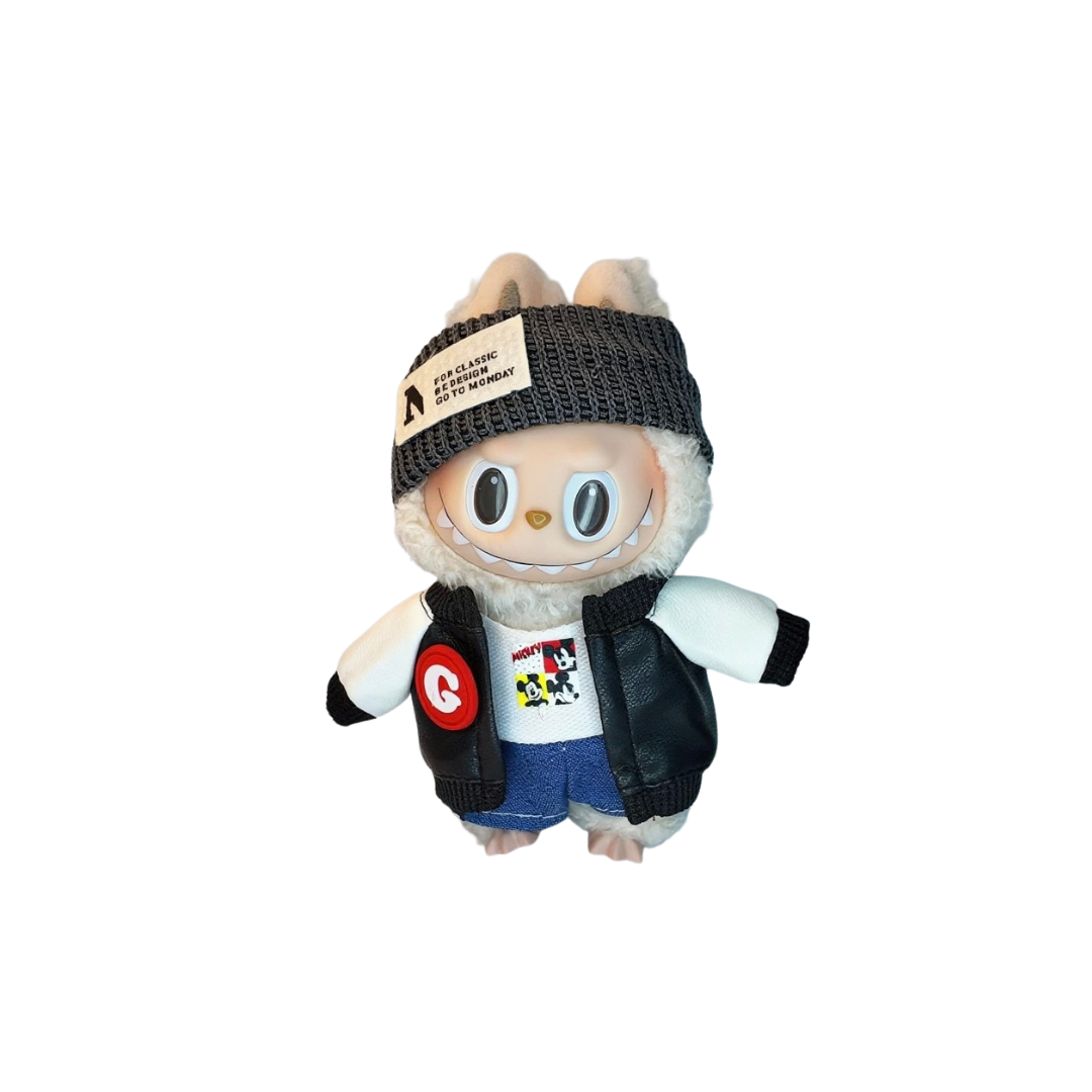 Blind Box Island Labubu outfit set with grey headband, printed white top with denim shorts, and black & white leather jacket. Fits Big Into Energy, Exciting Macarons and Have a Seat series.