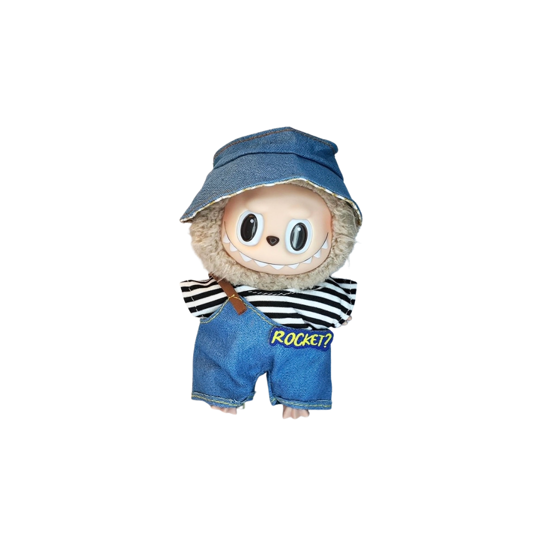 Blind Box Island Labubu outfit set with denim hat, striped top, and denim Rocket shorts. Fits Big Into Energy, Exciting Macarons and Have a Seat series.