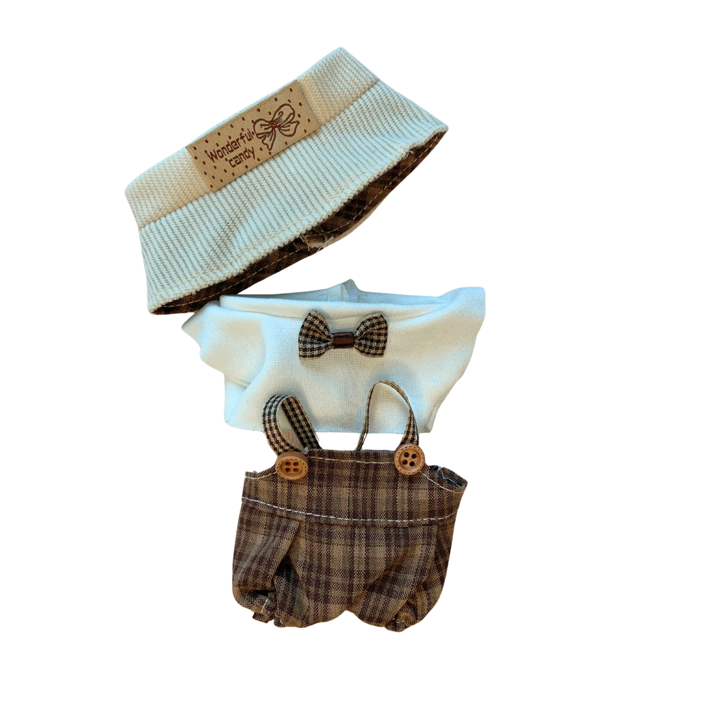 Blind Box Island Labubu outfit set with cream knit hat, bow top, and plaid suspender pants. Fits Big Into Energy, Exciting Macarons and Have a Seat series.