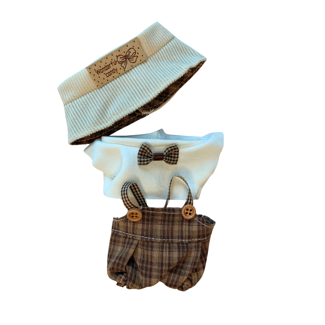Blind Box Island Labubu outfit set with cream knit hat, bow top, and plaid suspender pants. Fits Big Into Energy, Exciting Macarons and Have a Seat series.
