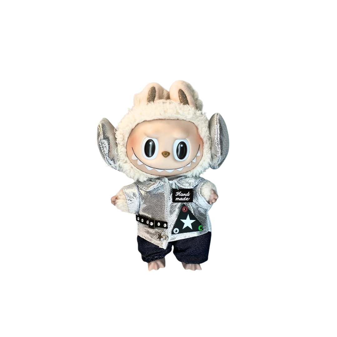 Blind Box Island Labubu outfit set with silver headphones, metallic silver jacket, and dark denim jeans. Fits Labubu Exciting Macarons, Big Into Energy, Have a Seat series.