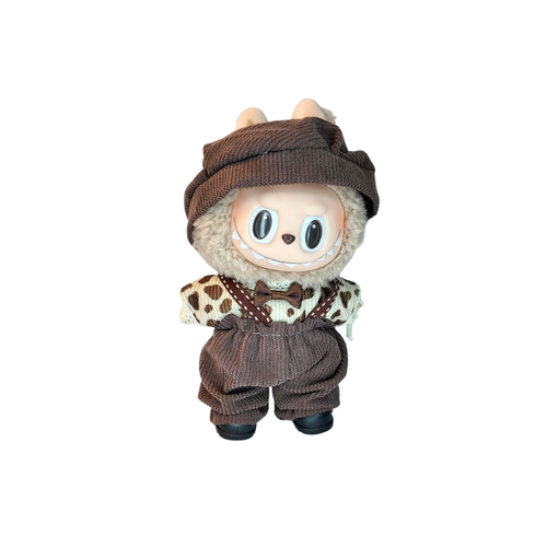 Blind Box Island Labubu outfit set with brown knit hat, cream polka dot top, brown suspender pants and black shoes. Fits Big Into Energy, Exciting Macarons and Have a Seat series.