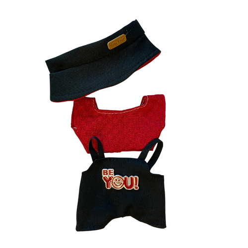 Blind Box Island Labubu outfit set with black headband, red top, and black “BE YOU!” overalls. Fits Big Into Energy, Exciting Macarons and Have a Seat series.