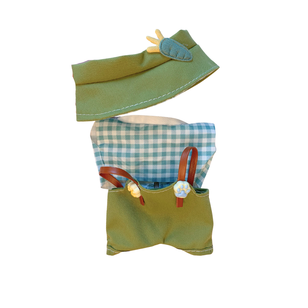 Blind Box Island Labubu outfit set with green hat, gingham top, and overalls with paw buttons. Fits Big Into Energy, Exciting Macarons and Have a Seat series.