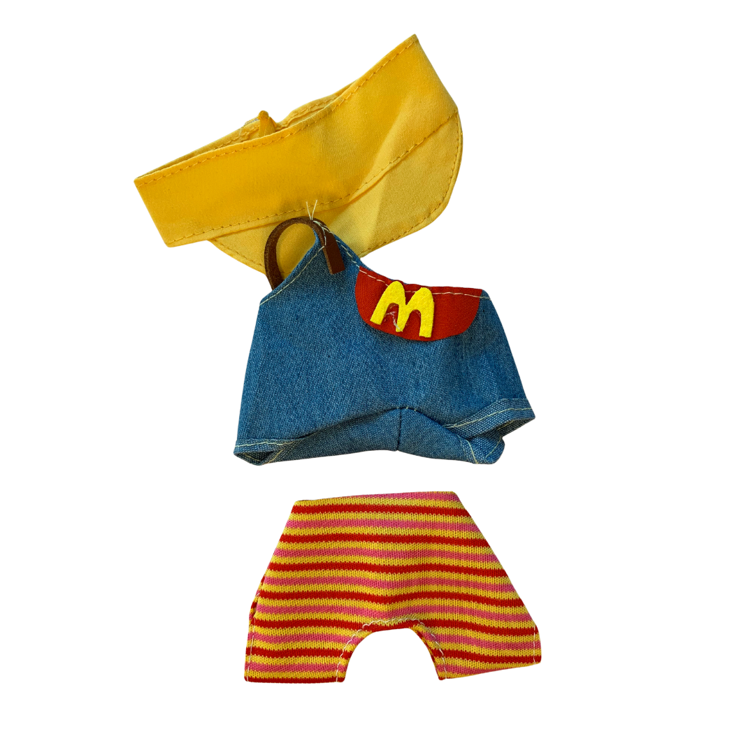 Blind Box Island Labubu outfit set with yellow bandana, denim overalls with red M patch, and red-yellow striped pants. Fits Big Into Energy, Exciting Macarons and Have a Seat series.