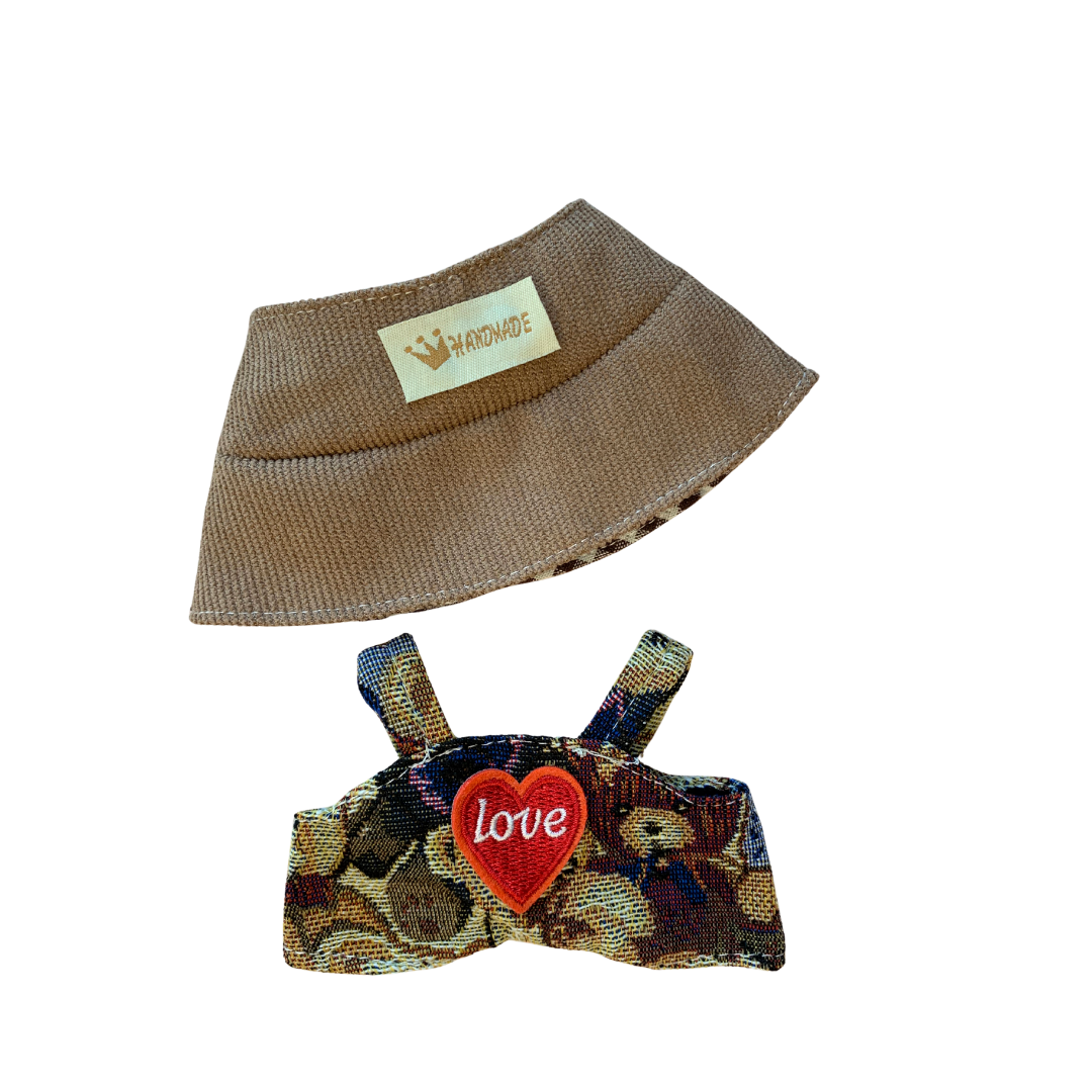Blind Box Island Labubu outfit set with khaki bucket hat and vintage overalls with red “Love” patch. Fits Labubu Exciting Macarons, Big Into Energy, Have a Seat series.