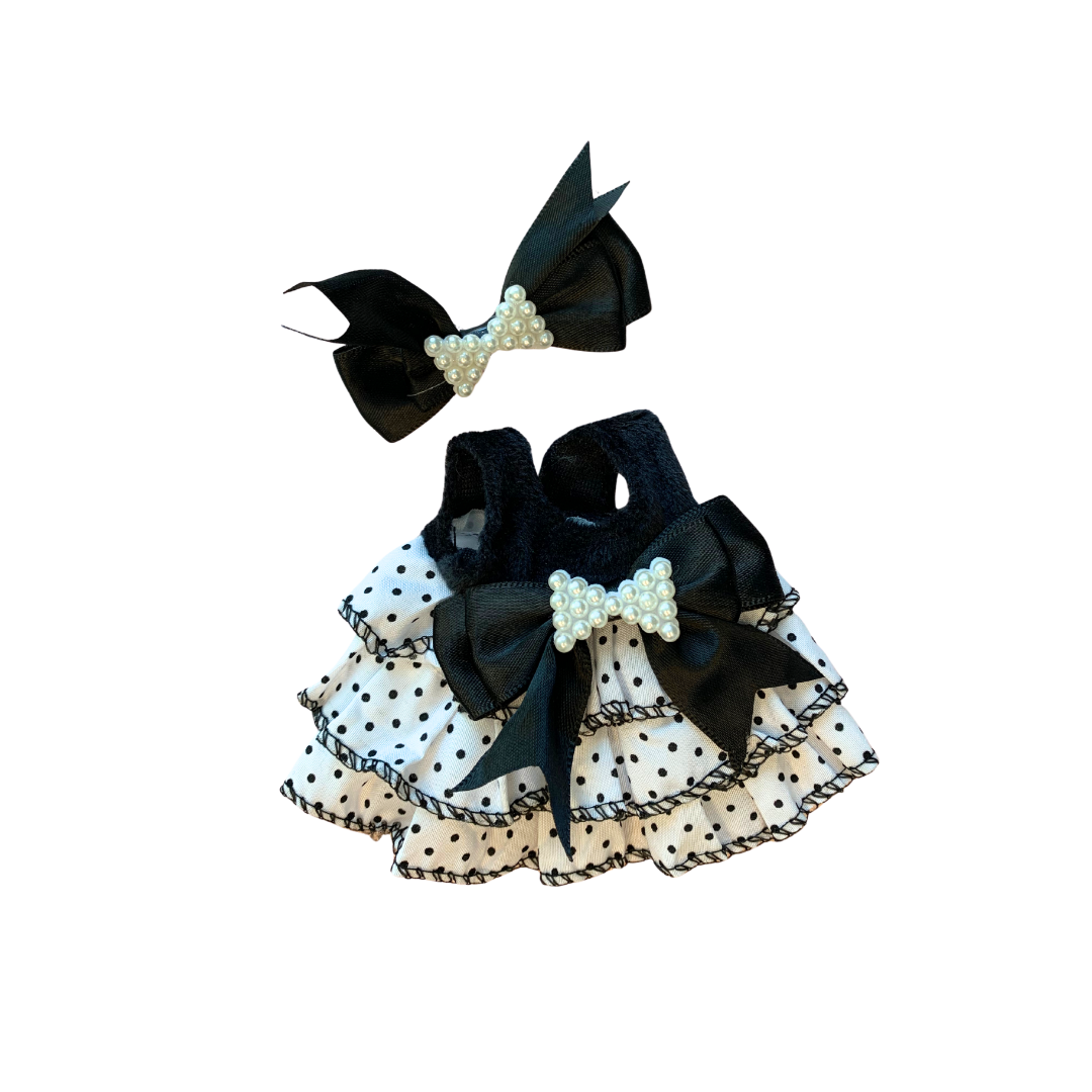 Blind Box Island Labubu outfit set with black pearl bow hair accessory and layered polka dot dress. Fits Labubu Exciting Macarons, Big Into Energy, Have a Seat series.