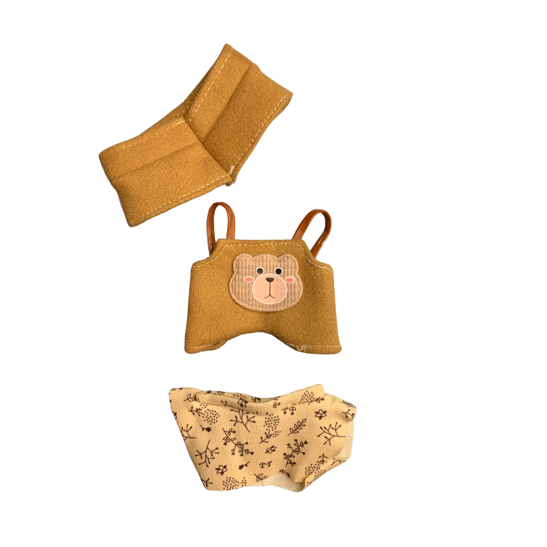Blind Box Island Labubu outfit set with caramel scarf, bear overalls, and floral top. Fits Big Into Energy, Exciting Macarons and Have a Seat series.