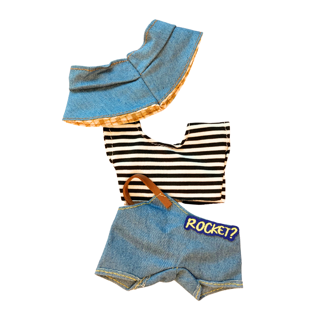 Blind Box Island Labubu outfit set with denim hat, striped top, and denim Rocket shorts. Fits Big Into Energy, Exciting Macarons and Have a Seat series.