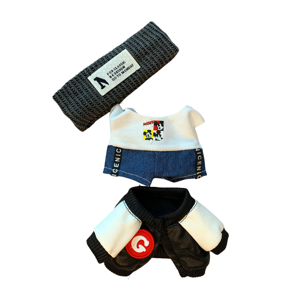 Blind Box Island Labubu outfit set with grey headband, printed white top with denim shorts, and black & white leather jacket. Fits Big Into Energy, Exciting Macarons and Have a Seat series.