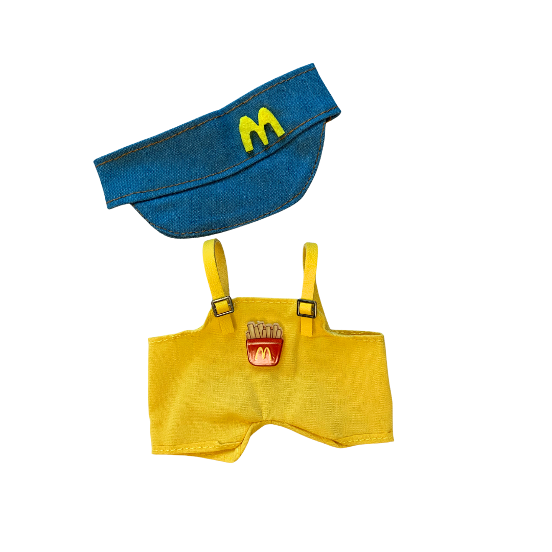Blind Box Island Labubu outfit set with denim visor and yellow overalls with fries patch. Fits Big Into Energy, Exciting Macarons and Have a Seat series.