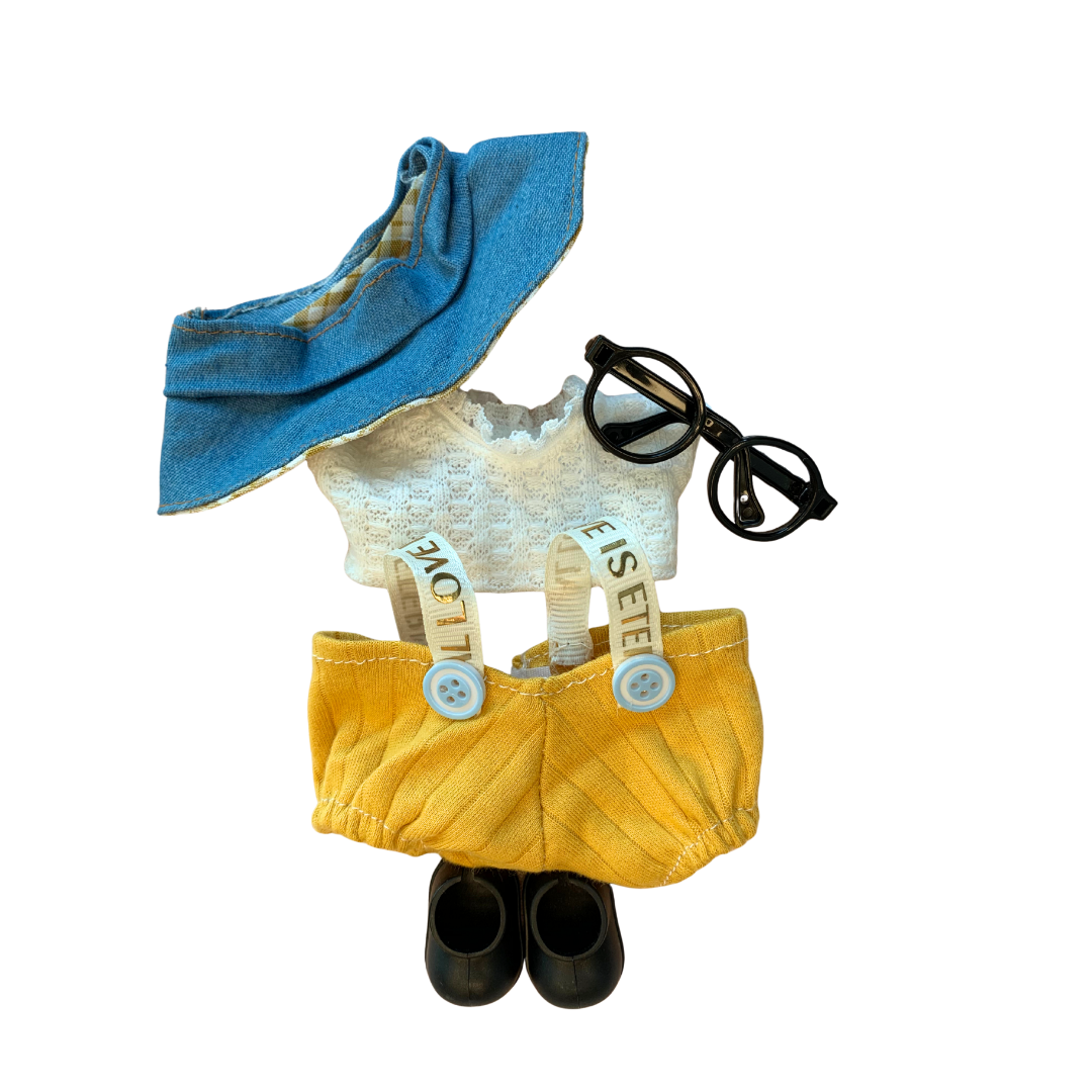 Blind Box Island Labubu outfit set with denim hat, black glasses, white top, yellow overalls, and black shoes. Fits Labubu Exciting Macarons, Big Into Energy, Have a Seat series.