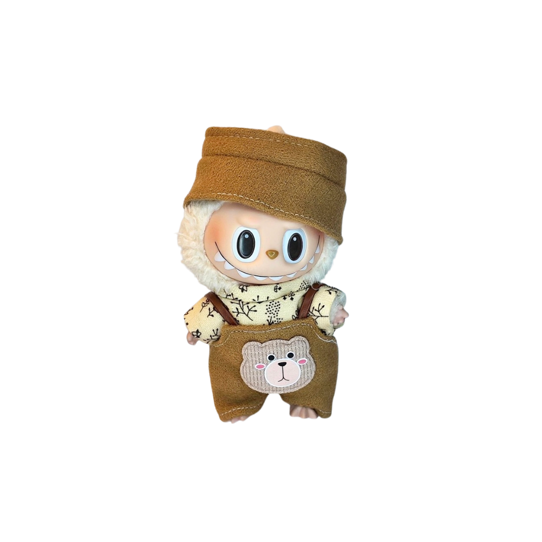 Blind Box Island Labubu outfit set with caramel scarf, bear overalls, and floral top. Fits Big Into Energy, Exciting Macarons and Have a Seat series.