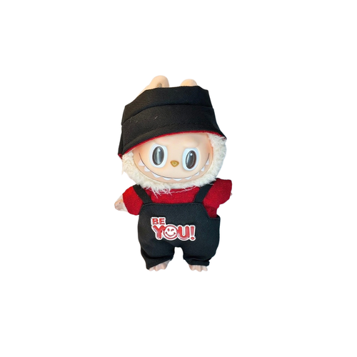 Blind Box Island Labubu outfit set with black headband, red top, and black “BE YOU!” overalls. Fits Big Into Energy, Exciting Macarons and Have a Seat series.