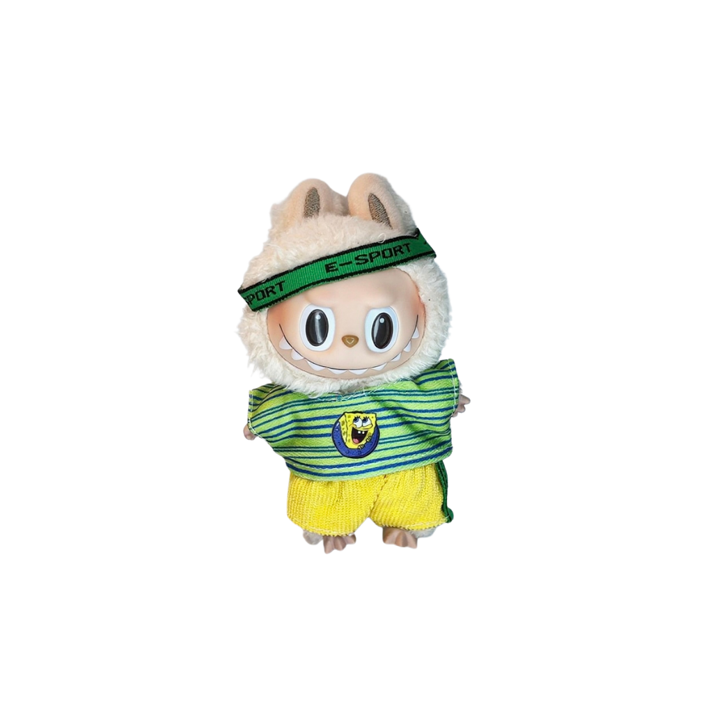 Blind Box Island Labubu outfit set with green sport headband, striped cartoon top, and yellow knit shorts. Fits Big Into Energy, Exciting Macarons and Have a Seat series.
