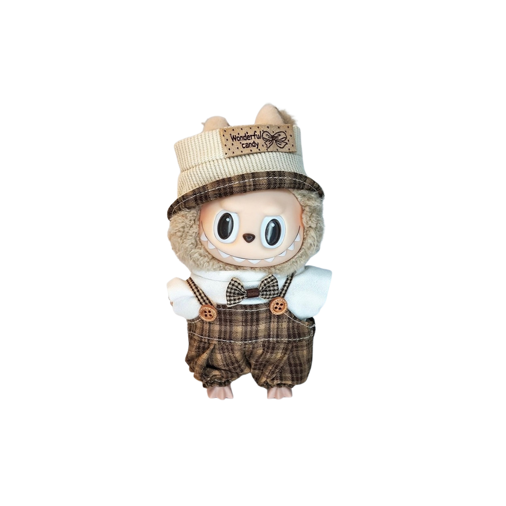 Blind Box Island Labubu outfit set with cream knit hat, bow top, and plaid suspender pants. Fits Big Into Energy, Exciting Macarons and Have a Seat series.