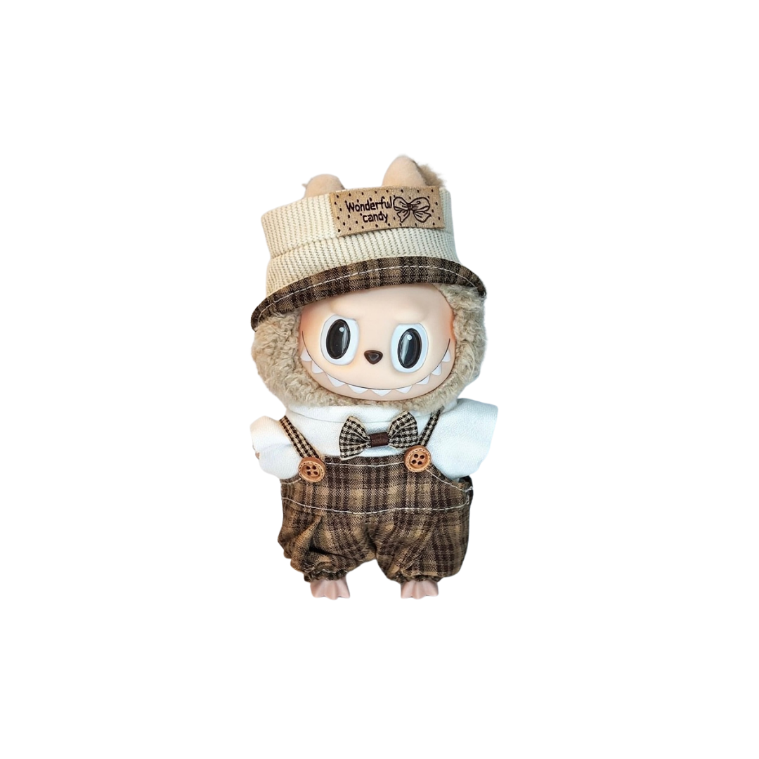 Blind Box Island Labubu outfit set with cream knit hat, bow top, and plaid suspender pants. Fits Big Into Energy, Exciting Macarons and Have a Seat series.